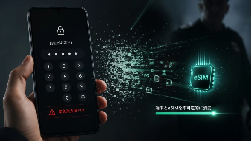 緊急消去用PINの入力画面と、端末とeSIMが消去されるイメージ